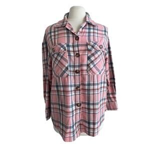 UNBRANDED Flannel Shirt Womens Sz Small Pink Grey Button Down Cabincore